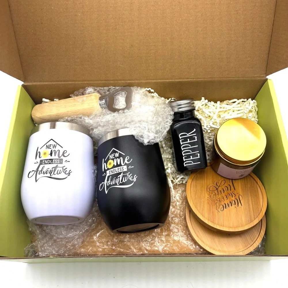 New Home Gift Box Welcome‎ Home Set Tumblers Candle Coasters Bottle Opener